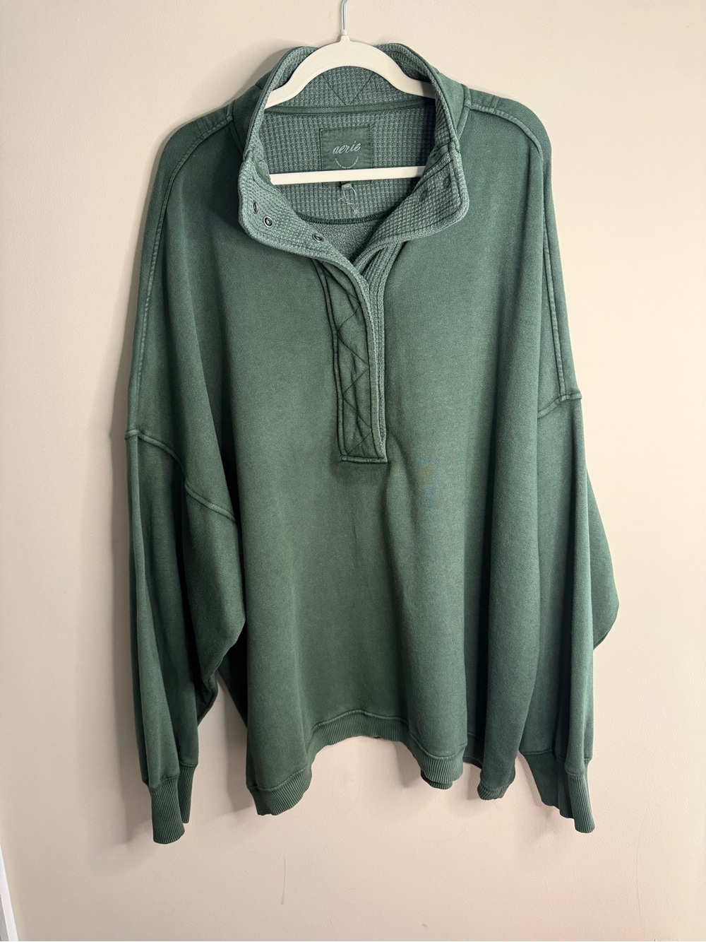 Aerie Oversized Snap Collar Pullover Sweatshirt Sage Green